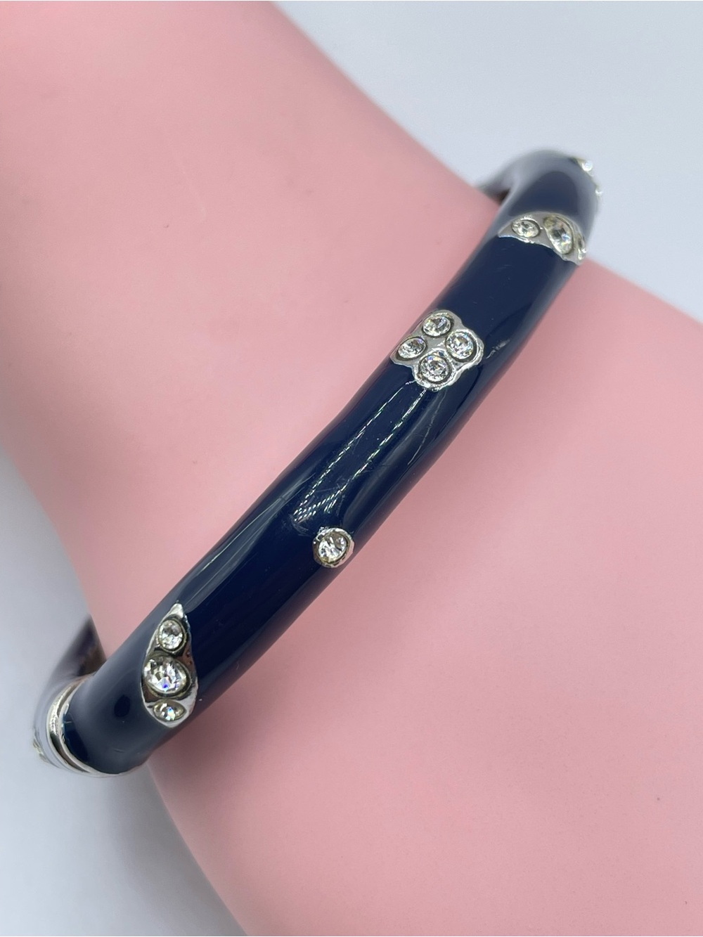 Vintage Black Enamel Diamond White Crystal Clamper Bangle Bracelet Silver Tone